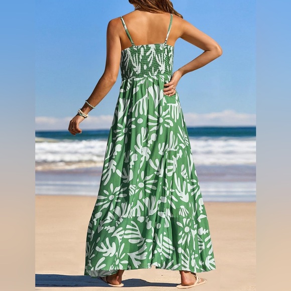 MEROKEETY Floral Boho Maxi Casual Sleeveless Spaghetti Strap Smocked Long Dress - Picture 3 of 4